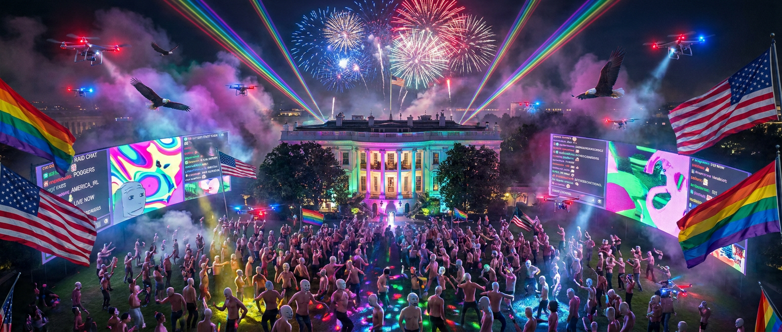 A media-saturated White House dance floor with livestream screens and rainbow beams