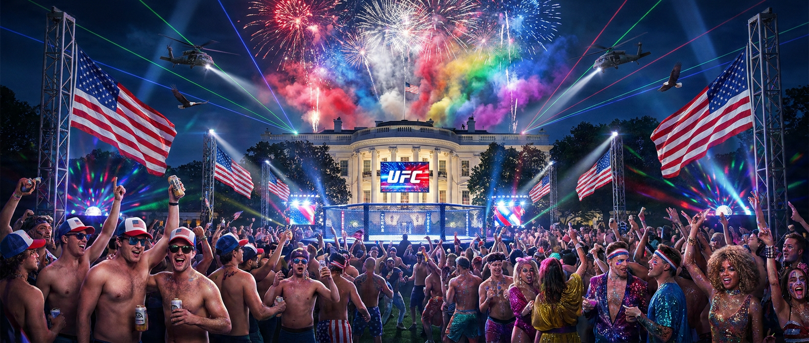 A White House lawn fight-night scene turned into a rainbow-lit national spectacle