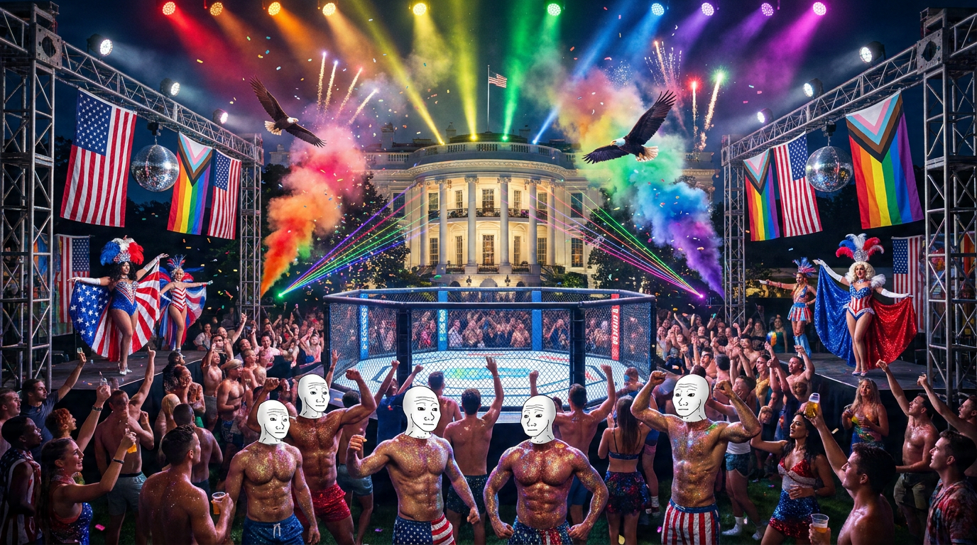 A crowded White House lawn celebration with rainbow flags, stage lights, and confetti